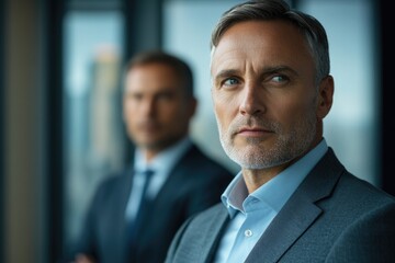 Poster - A confident businessman, sharply dressed in a suit, stands with a colleague in the background, contemplating the future.