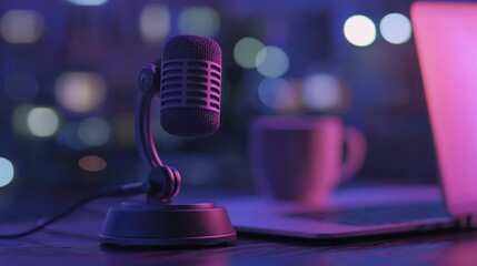 Poster - A dynamic shot of a podcast mic with a blurred laptop and coffee cup in the background.