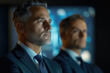Fototapete - Two pensive businessmen in suits contemplate a digital display, showcasing strategic planning and thoughtful decision-making.