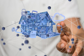 Aufkleber - home data. Digital cyberspace with particles and Digital data network connections concept.
