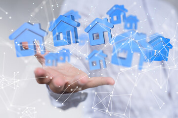 Poster - home data. Digital cyberspace with particles and Digital data network connections concept.