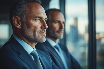 Poster - Two pensive businessmen in suits look out a window, contemplating business strategies or future plans.