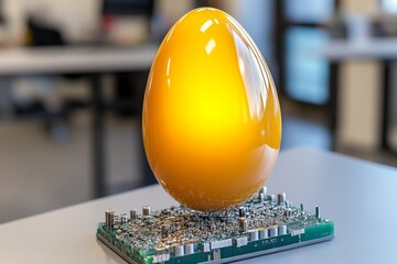 Poster - A glowing golden egg yolk floating in a high-tech laboratory experiment