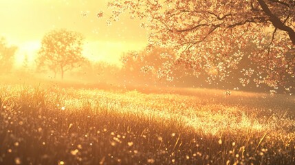 Poster - A field of cherry trees at sunrise, with a soft golden glow illuminating the scene.