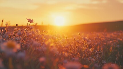 Poster - A field of wildflowers illuminated by the vibrant orange and pink tones of a sunset.