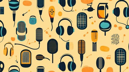 Poster - A flat design featuring headphones, microphones, and sound levels in a repeating pattern.
