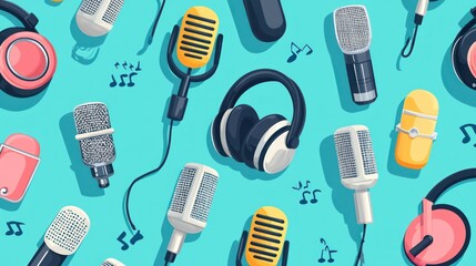 Poster - A flat design featuring headphones, microphones, and sound levels in a repeating pattern.