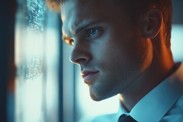 Leinwandbilder - A pensive young man gazes out a window, illuminated by a soft blue light, lost in thought.