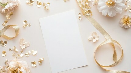 Aufkleber - A flat lay of an elegant wedding invitation card with gold foil and floral designs.