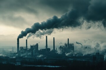 Poster - Industrial landscape with smoke billowing from factories in a cloudy sky during early morning hours. Generative AI