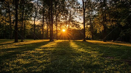 Poster - A forest clearing illuminated by the vivid orange hues of a setting sun.