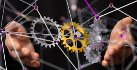 Poster - gear system data. Connecting lines and dots.Big data visualization  - 3d