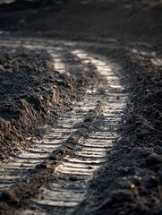 Aufkleber - Tractor tire tracks create patterns on freshly turned earth at twilight in an agricultural field. Generative AI