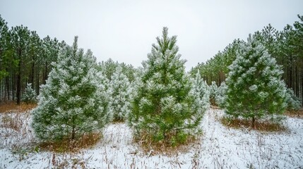 Poster - A forest of tall, green pine trees covered in a light dusting of snow.