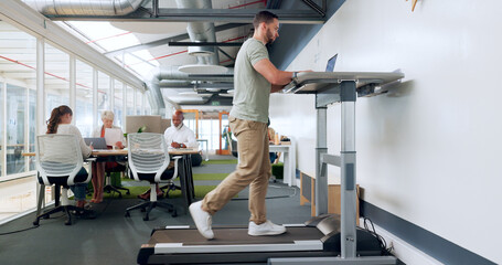 Poster - Man, walking and treadmill with a businessman in the breakroom of his office for exercise or mobility. Fitness, health or corporate with a male employee in staying active in the workplace