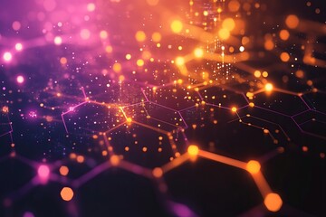 Poster - Abstract Hexagon Network Digital Art Background Orange Pink Glow Technology Futuristic Modern Design Elegant Shiny Glowing Lines Pattern Illustration 