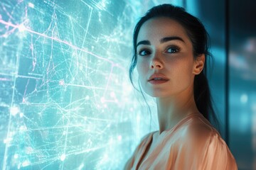Aufkleber - A young woman with freckles stands before a glowing, abstract, teal digital map.