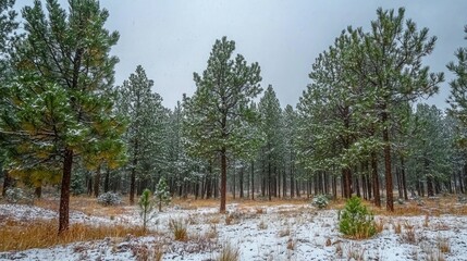 Poster - A forest of tall, green pine trees covered in a light dusting of snow.
