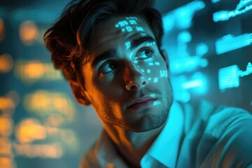 Aufkleber - A young man contemplates data streams projected onto his face, symbolizing digital immersion and technological advancement.