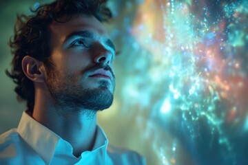 Poster - A young man gazes upward, mesmerized by a vibrant, ethereal nebula, symbolizing wonder and the vastness of the unknown.