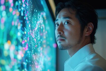 Poster - A man intently studies a large interactive display showing a complex network of data points, illuminated in vibrant blues and pinks.