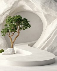 Poster - Serene pathway with tree minimalist white cave digital art tranquil environment aerial view nature concept