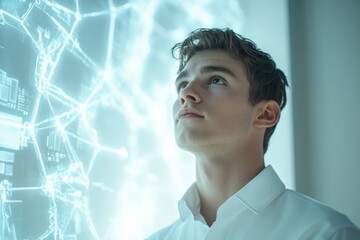 Poster - Young man gazing at futuristic digital network interface, contemplating innovation and technology's impact.