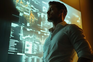 Fototapete - A pensive businessman stands before a large screen displaying complex data, analyzing financial charts and information.