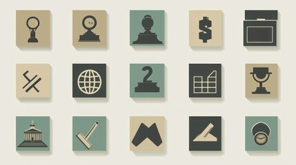 Poster - A formal collection of business icons in a muted color palette, designed for corporate presentations.