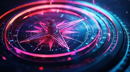Poster - A futuristic 3D compass, glowing with neon lights and floating directional arrows