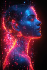 Canvas Print - Futuristic Portrait Featuring Vibrant Neon Colors and Digital Network Elements