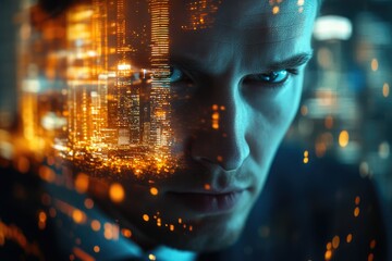 Poster - A man's face superimposed with a vibrant cityscape at night, symbolizing the intersection of technology and urban life.