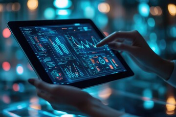 Aufkleber - A person analyzes data displayed on a tablet, showcasing various charts and graphs.