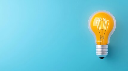 Wall Mural - Bright Yellow Light Bulb on a Soft Blue Background for Creative and Innovative Concepts