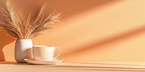 Poster - stylish coffee cup with dried grass minimalist setting home decor warm tones top view serenity