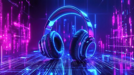 Poster - A futuristic representation of a podcast with neon lights, headphones, and abstract designs.