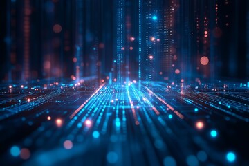 Poster - Abstract Digital Technology Background Futuristic Network Data Stream Bright Blue Orange Glowing Lines Modern Digital Art High Tech Innovation Science