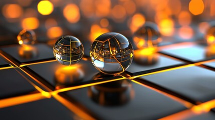 Poster - A geometric 3D abstract design with cubes, spheres, and glowing lines.