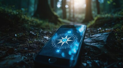 Aufkleber - A glowing digital compass displayed on a smartphone screen in a hiking setting.