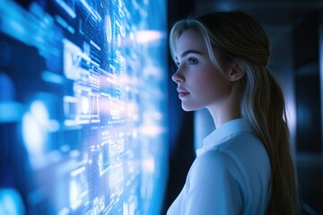 Aufkleber - A young woman gazes intently at a large screen displaying complex data visualizations, representing technological advancements and data analysis.