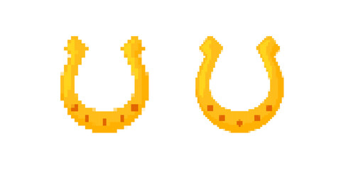 Poster - Two pixel art golden horseshoes displayed, showcasing a retro digital aesthetic with bold color use.