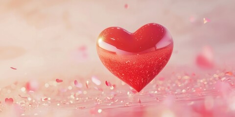 Poster - A glowing red 3D heart floating in a soft pink background, symbolizing love and care.