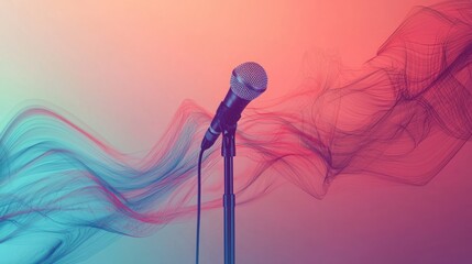 Poster - A graphic with abstract waves flowing around a distant microphone silhouette.