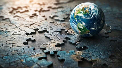 Poster - A globe with puzzle pieces around it, symbolizing the complex challenges of global unity, collaboration, and the interconnectedness of world problems.