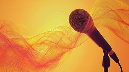Poster - A graphic with abstract waves flowing around a distant microphone silhouette.