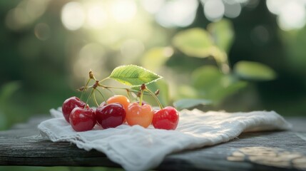 Poster - A group of cherries placed on a simple white cloth on an outdoor wooden table.