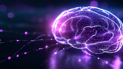 Poster - Glowing purple brain visualization with particle effects and neural connections on dark background, representing artificial intelligence and cognitive science.