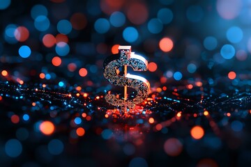 Poster - Glowing dollar symbol on dark background with red and blue bokeh lights creating magical atmosphere, financial concept with dramatic lighting and reflection.