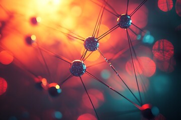 Poster - Abstract Network Connections Digital Art Red Orange Background Futuristic Technology Sphere Nodes Elegant Design Modern Graphic Illustration Science  