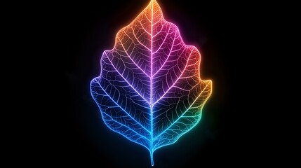 Poster - Glowing neon oak leaf with rainbow gradient colors on black background, detailed veins and structure illuminated with vibrant light effect for nature designs.